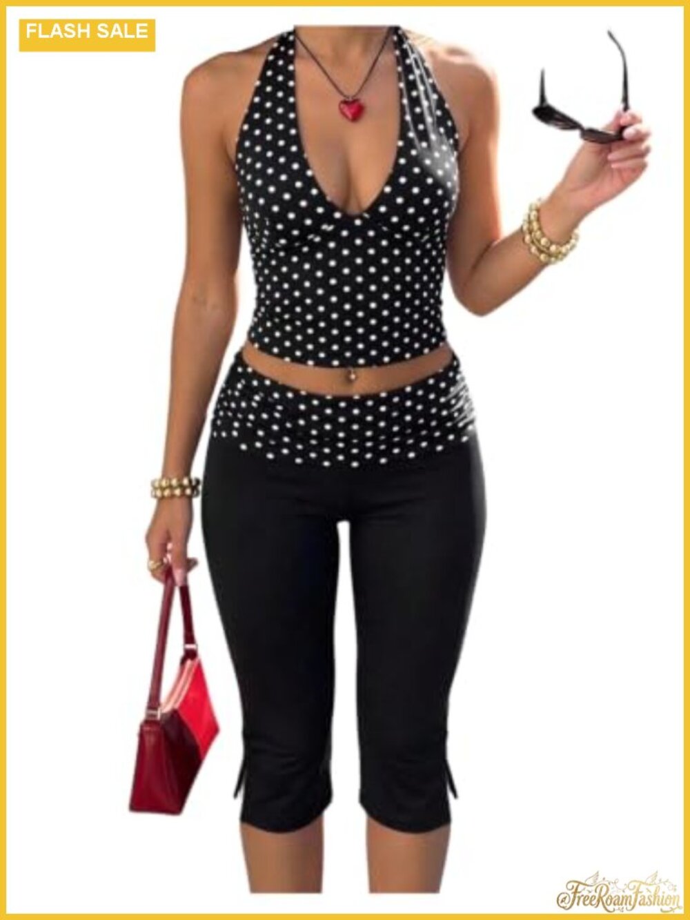 Women's Capri Set Polka Dot Halter Crop Top & Capri Pants Y2k Two Piece
